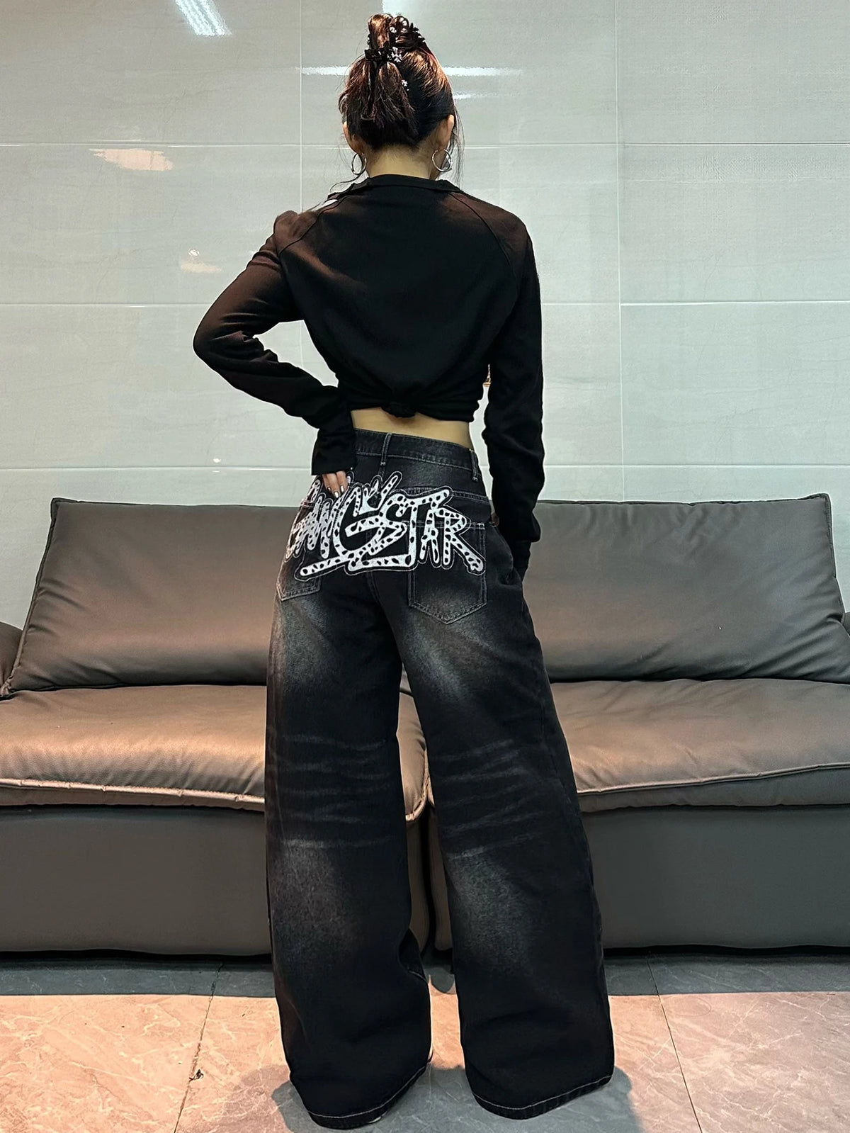 American Vintage Distressed Washed Letter Embroidery Loose Jeans Y2K Street Fashion Versatile Black Wide-Leg Pants For Women