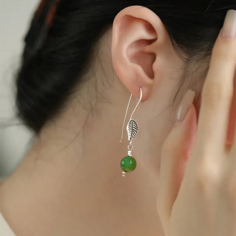 VENTFILLE Silver Color Leaf Drop Earrings For Women Girl Plant Retro Hotan Jade Ethnic Design Jewelry Gift Dropshipping