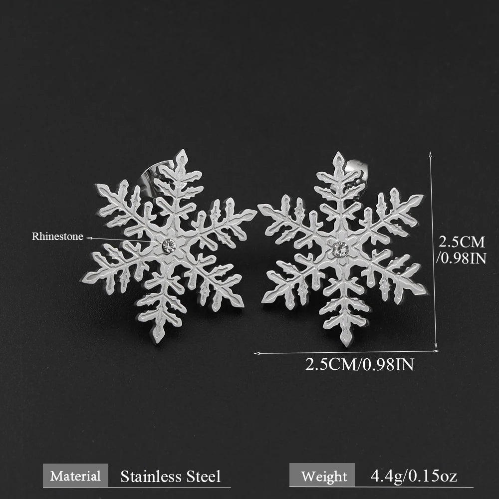 Stainless Steel Snowflake Stud Earrings Inlaid Crystal Winter Snow Flake Earrings Christmas Holiday Jewelry Gift for Women Girl