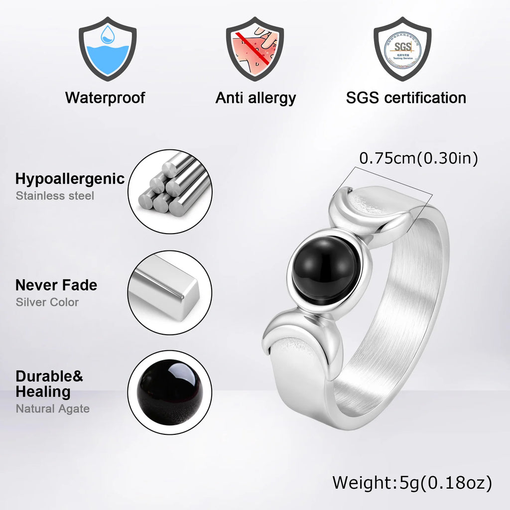 Triple Moon Goddess Ring for Men,Stainless Steel Black Onyx Stone Ring,Wicca Pagan Witchcraft Protection Amulet Finger Jewelry
