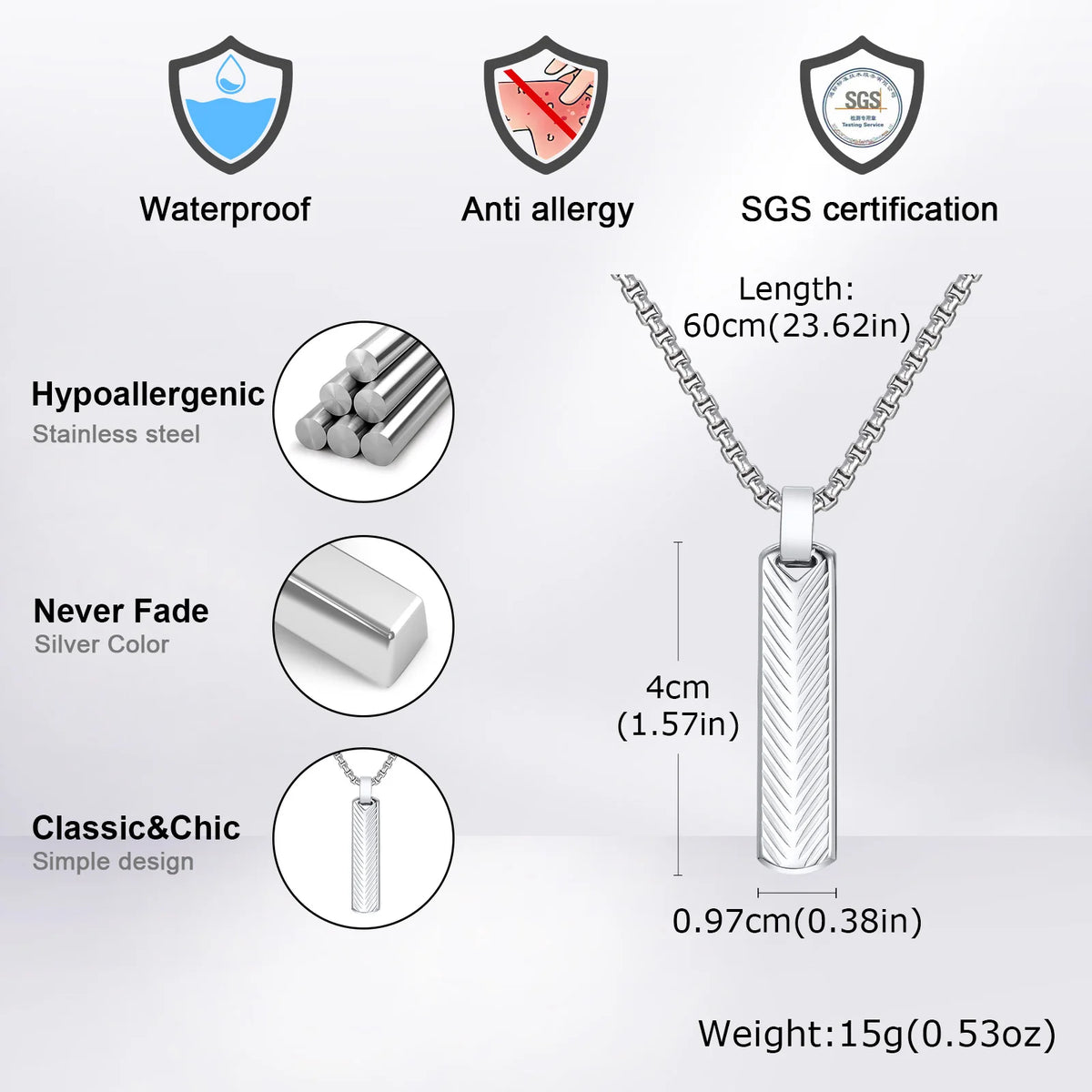 Vertical Long Bar Pendant Necklaces for Men Boys,Stainless Steel Cutting Flower Pendant Necklaces,Casual Jewelry