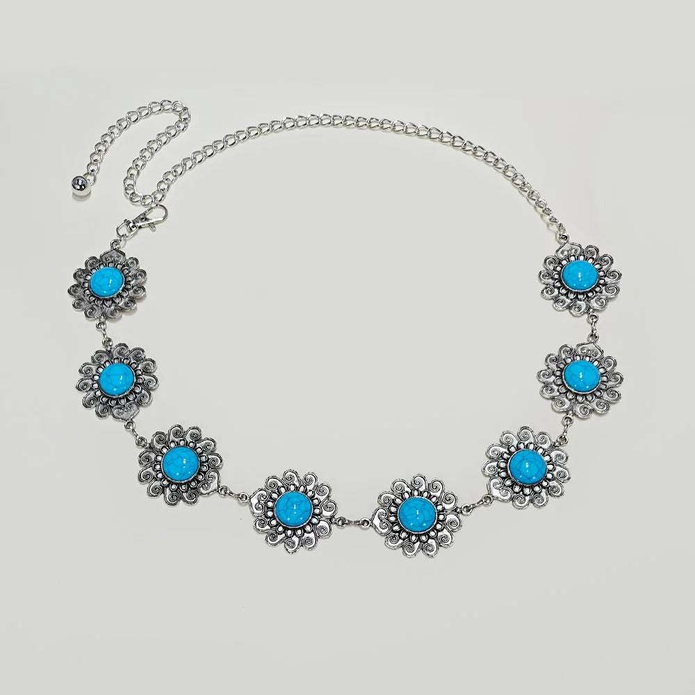 New Bohemian Coin Exaggerated Big Turquoise Waist Chain for Women Retro Ethnic Style Alloy Dance Waistband Female Body Jewelry