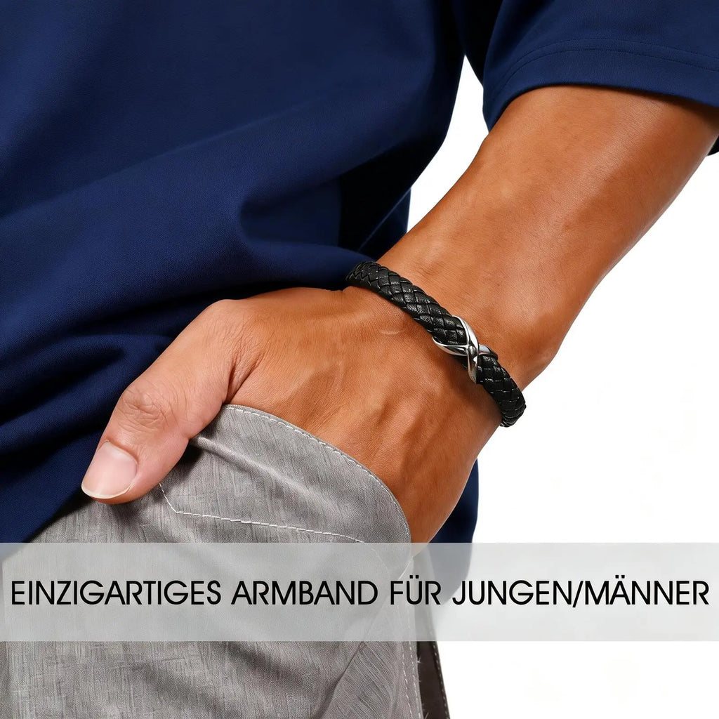 Stainless Steel Infinity Black Leather Bracelet for Men,High Quality Microfiber Leather Wristband,Gift for Husband Dad Him