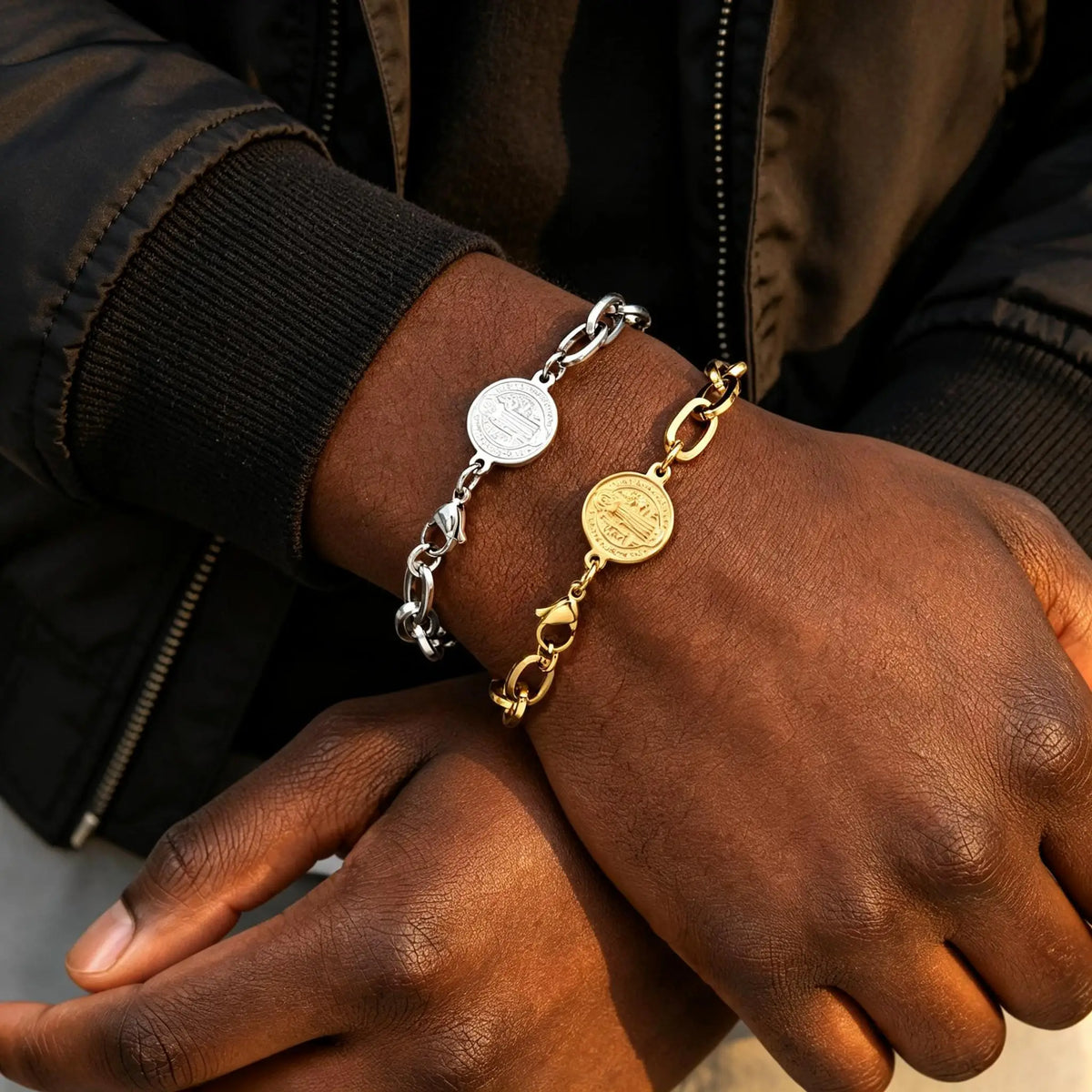 Saint Benedict Bracelet for Men,Gold Silver Color Stainless Steel Link Chain Wristband,Catholic Christian Medal Jewelry Gift