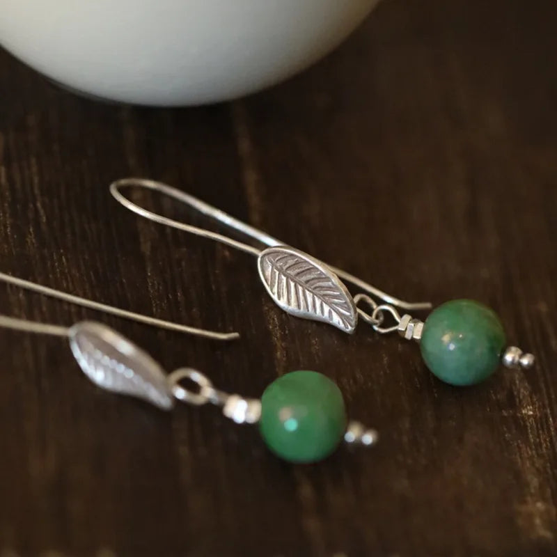 VENTFILLE Silver Color Leaf Drop Earrings For Women Girl Plant Retro Hotan Jade Ethnic Design Jewelry Gift Dropshipping