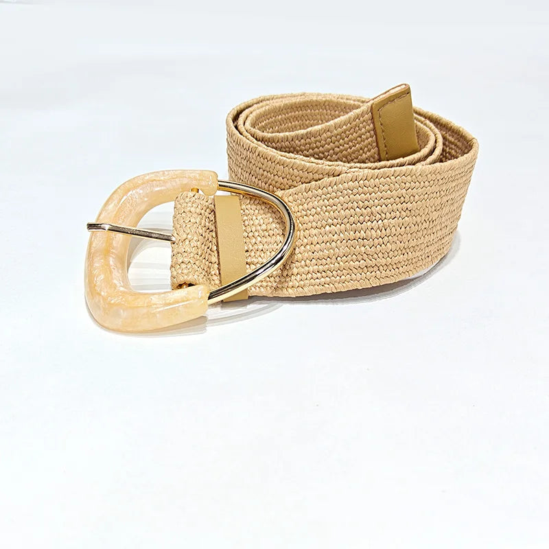 Hot Sale Spring Summer Women PP Straw Braided Elastic Khaki wide Belt Vintage Buckle Boho Women Knitted Belt Dress Jeans Belt