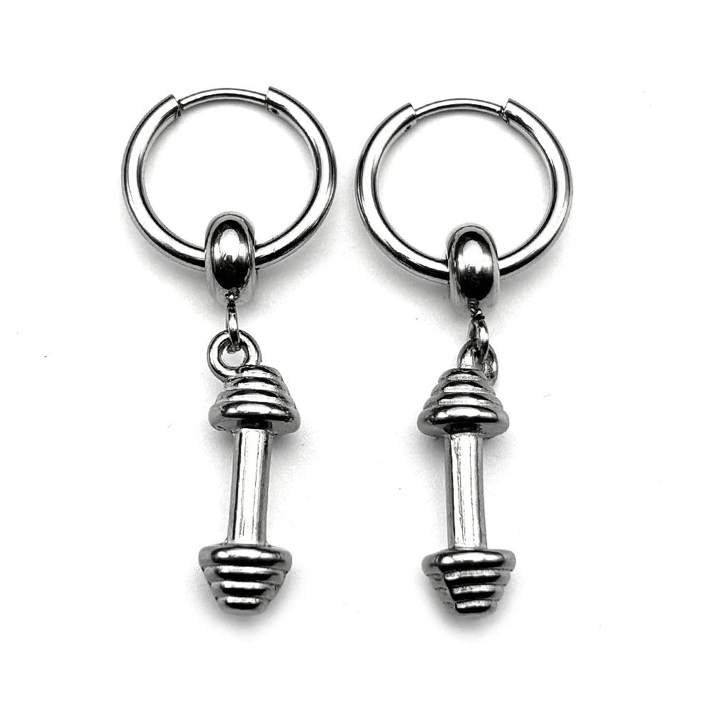 Hiphop Dumbbell Man Earhoop Women Men Stainless Steel Silver Color Sports Style Punk Emo New Design Dangle Earrings Jewelry