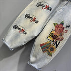 High Waisted Jeans 2023 Spring and Summer New Heavy Embroidery Hot Diamond Printed Loose Washed-out Elastic Waist Jeans Women