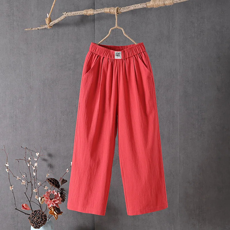 Female 2025 High Quality Loose Trousers Summer Elastic Waist Women's Pants Casual Solid Cotton Linen Ankle Length Pants