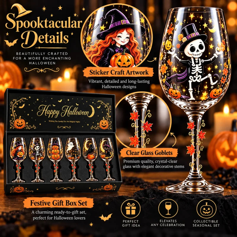 Spooky Halloween Wine Goblet with Sticker Design Witch Ghost Pumpkin Cat Decorative Stemmed Glass for Party Home Bar