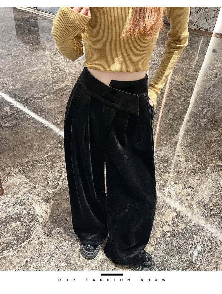Black Gold Velvet Wide Leg Pants Women Winter Velvet High Waist Drop Feel Straight Tube Versatile Casual Floor Pants