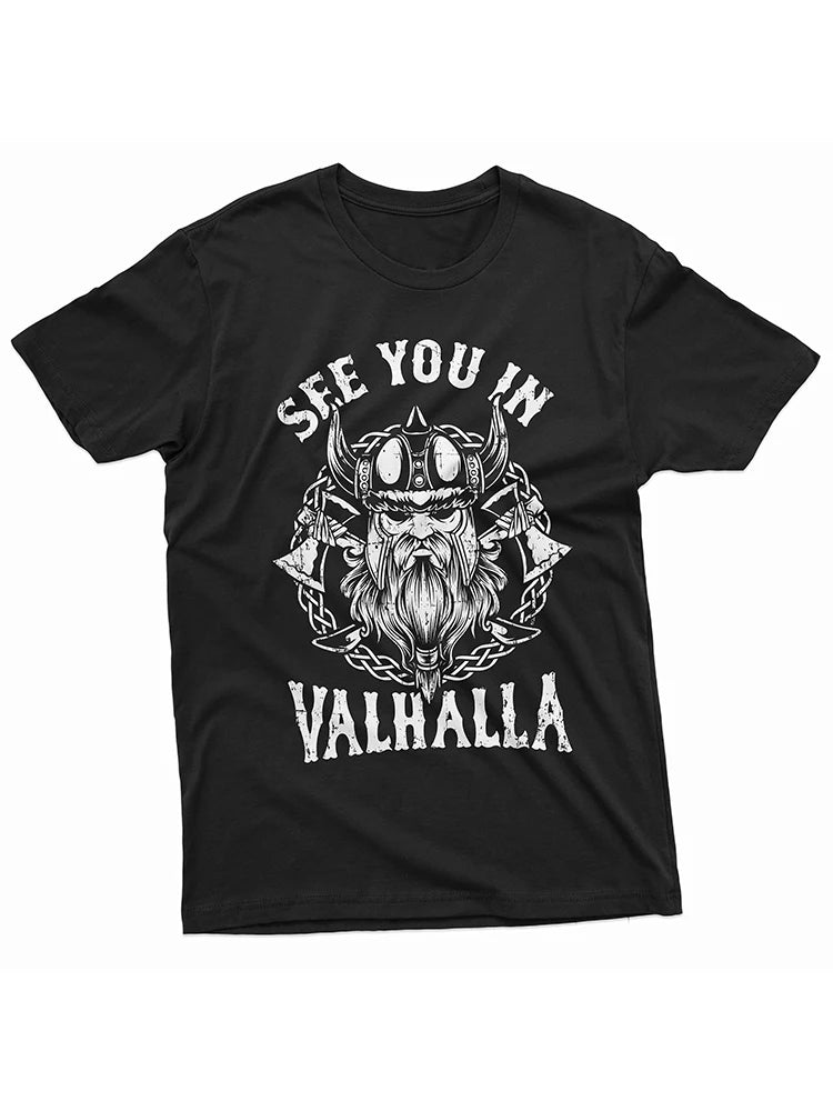 Summer Men's Street Fashion Short-sleeved Top Men's Viking Warrior T-Shirt Valhalla Nordic Norse Mythology Odin Thor T-shirt