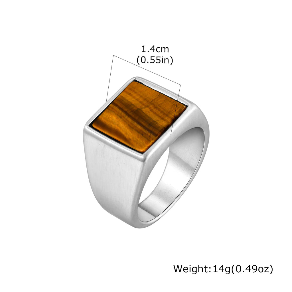 Punk Tiger Eye Stone Signet Ring for Men,Vintage Stainless Steel Natural Stone Round Sqare Ring,Stylish Causal Male Jewelry
