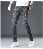 2025 Summer Ripped Jeans Men's Slim-fitting Small Feet Elastic Trousers Trendy Brand Fashion Scratched Patch Cargo Beggar Pants