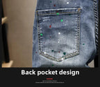Washed Ripped Denim Men's Trendy Brand Spray Paint Medium Summer Thin Elastic Patch Bermuda Short Pants Men's Jeans Shorts