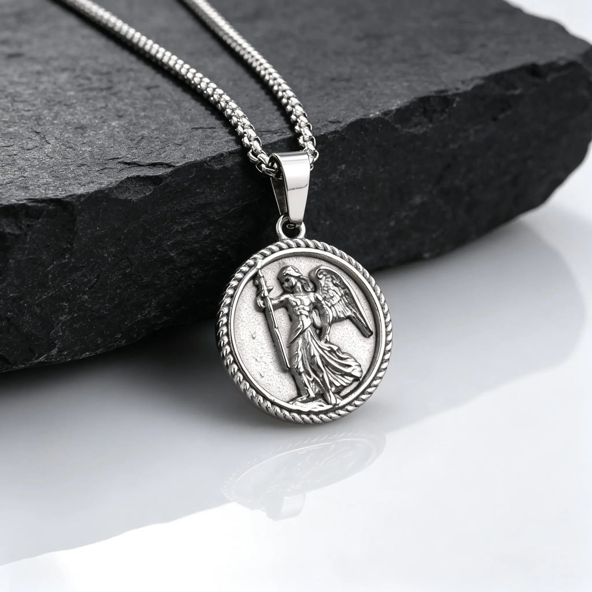 Saint Michael Archangel Pendant Necklace for Men,Stainless Steel Round Medal Neckalce,Religious Amulet Jewelry Gift
