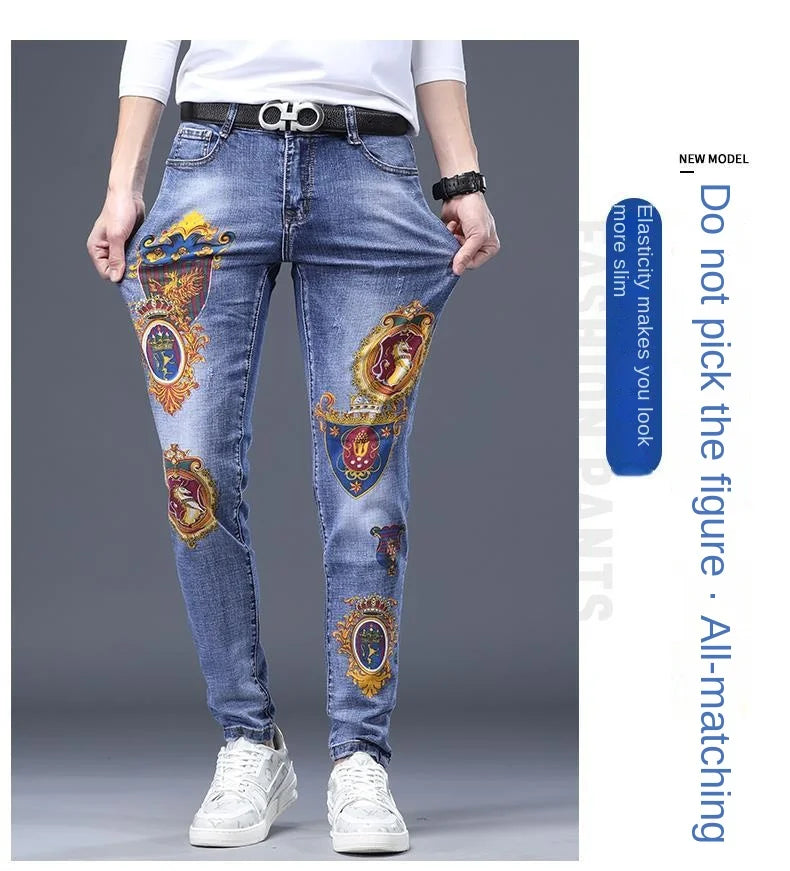Spring Autumn Harajuku Fashion Art Craft Graphical Paintings 2000s Streetwear Male Slim Boyfriend Stylish Pants Denim Jeans Men