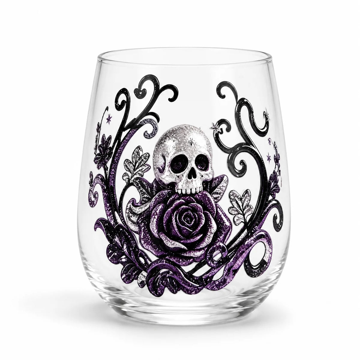 PENDRA Gothic Skull Silver-Glitter Purple-Rose Stemless Glass Tumbler