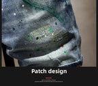 Washed Ripped Denim Men's Trendy Brand Spray Paint Medium Summer Thin Elastic Patch Bermuda Short Pants Men's Jeans Shorts