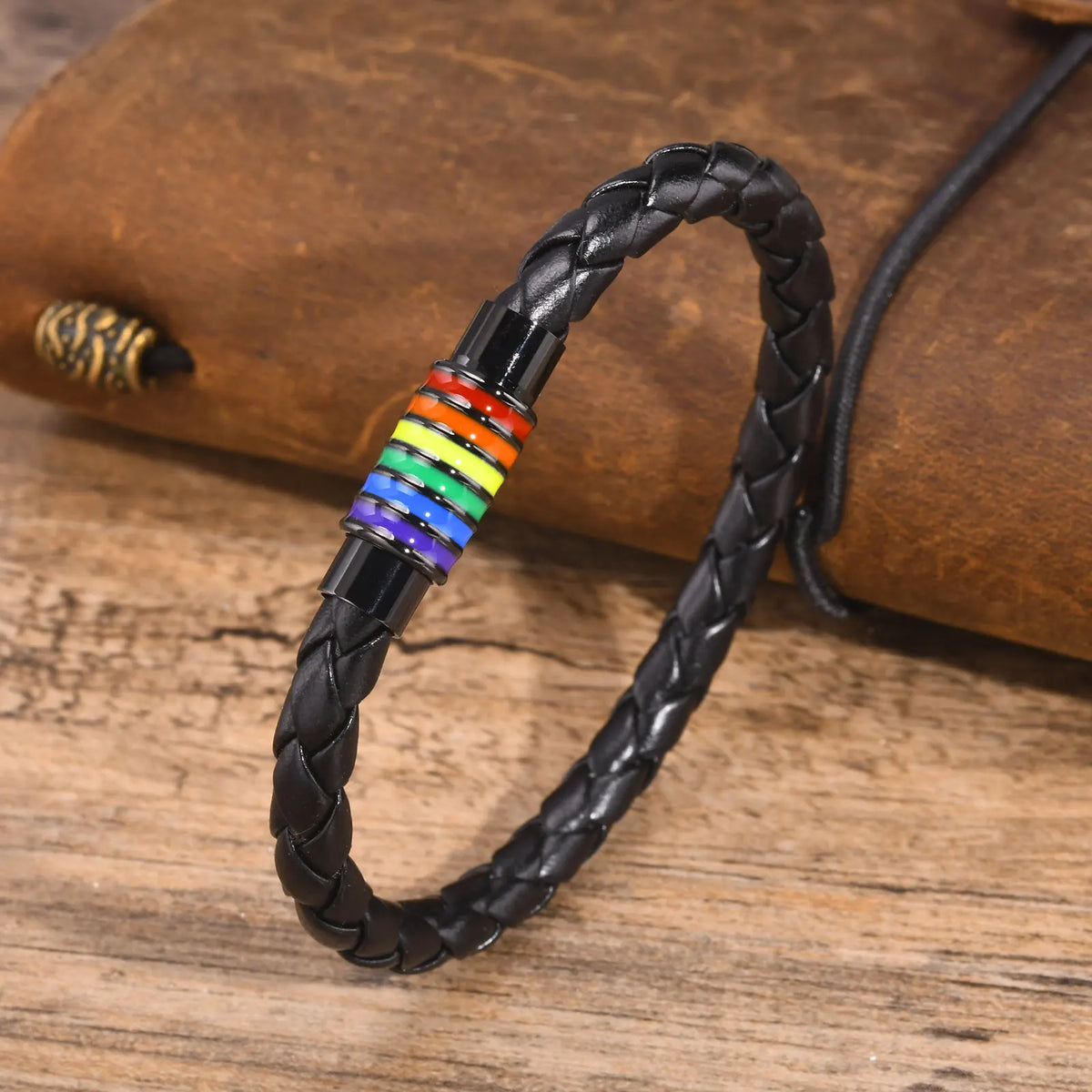 Mprainbow Magnetic Buckle Leather Bracelets for Men Boys,Rainbow LGBTQ Pride Bracelets,Handmade Jewelry Gift