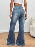 Women's High Street Fashion High-Waist Stretch Slim Fit Flared Pants, Simple and Versatile, Blue Long Pants