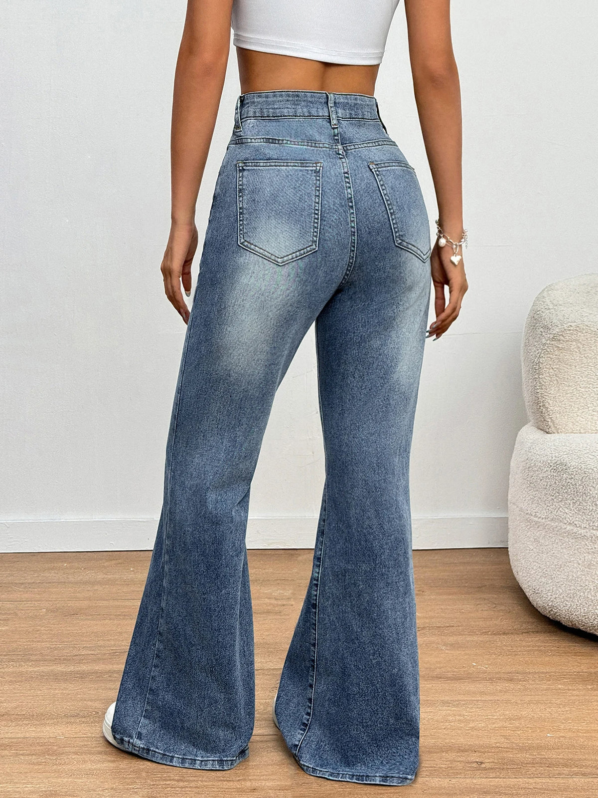 Women's High Street Fashion High-Waist Stretch Slim Fit Flared Pants, Simple and Versatile, Blue Long Pants