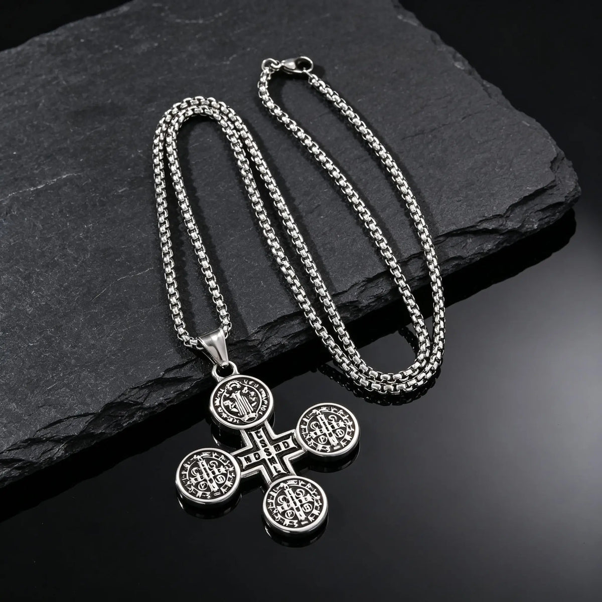 Saint Benedict Pendant Necklace for Men,Stainless Steel Religious Cross Pendant Necklace,Faith Prayer Jewelry
