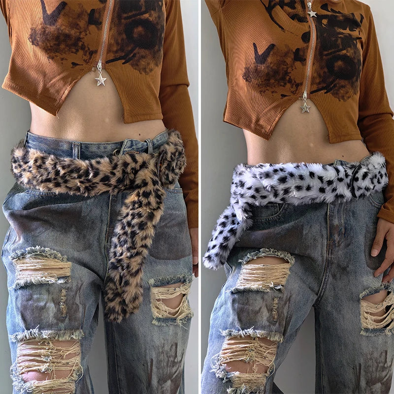 Leopard Print Plush Belt Fashionable Warm Hip-Hop Adjustable Accessories Jeans Belt Personalized Dirty Style Belt