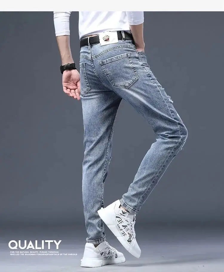 Hot Sale Men's Luxury Jeans Streetwear Denim Pants Punk Distressed Hole Tiger Embroidery Patches Stretch Skinny Ripped Trouser