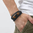 Chunky Leather Bracelet for Men Boys,Two Big Tiger Eye Natural Brown Stone Bracelets,Rock Punk Causal Jewelry Gifts