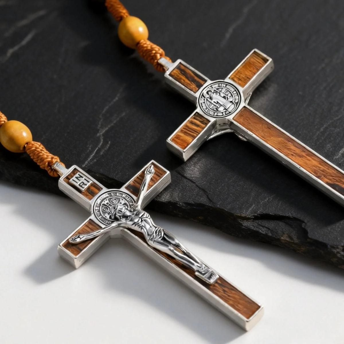 Crucifix Wooden Beaded Necklace for Men,Brown Color Y-shaped Rosary Necklace,Faith Prayer Jewelry Gift