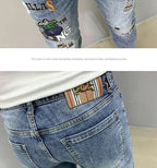 Luxury Brand Men's Slim Denim Jeans Casual Pencil Pants with Embroidery 2024 New Korean Fashion Autumn Summer Blue Long Pants
