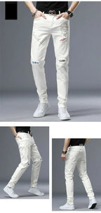 Spring Summer White Hot Drill Ripped Cowboy Korean Style Streetwear Men Washed Luxury Holes Slim Hip-hop Stylish Jeans Trousers