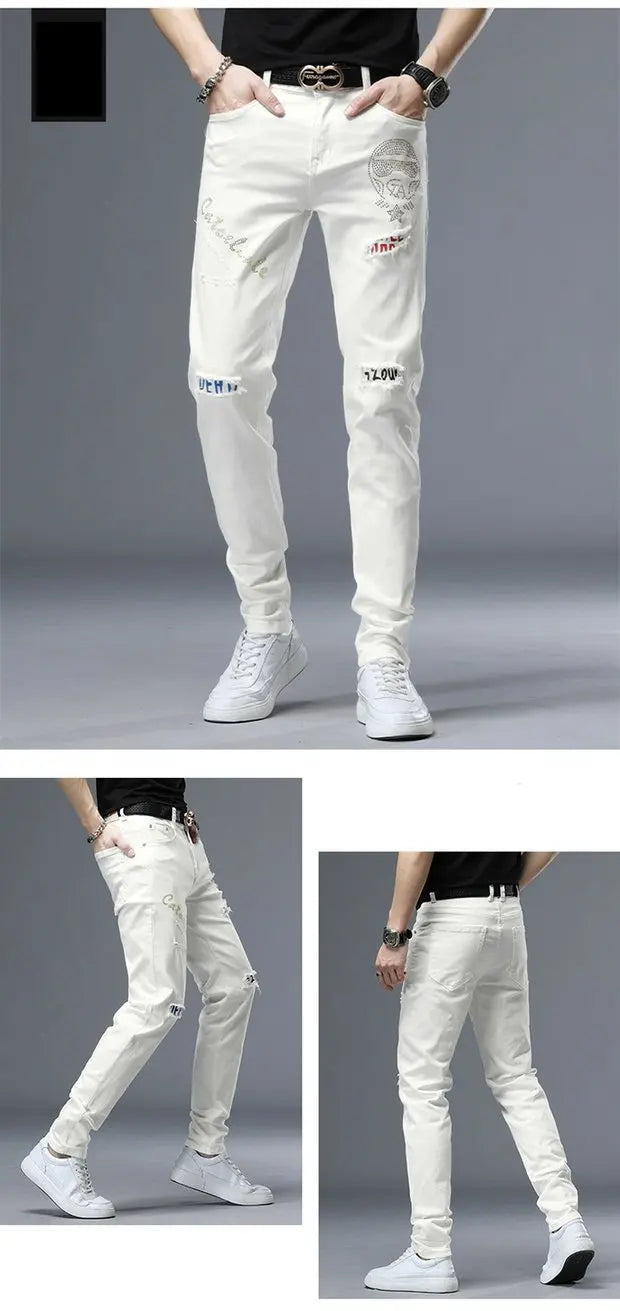 Spring Summer White Hot Drill Ripped Cowboy Korean Style Streetwear Men Washed Luxury Holes Slim Hip-hop Stylish Jeans Trousers