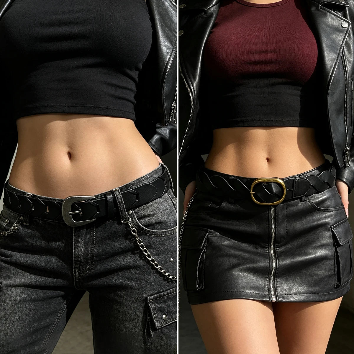 Women Pu Leather Braided Belts Webbing Vintage Punk Black Belts Pin Buckle Casual for Jeans Belt Gothic Accessories