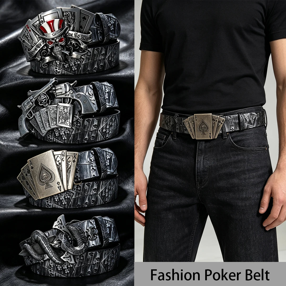 Vintage Fashion Unisex PU Leather Belt For Men and Women Personalized Western Style European and American Punk Style Poker Belt