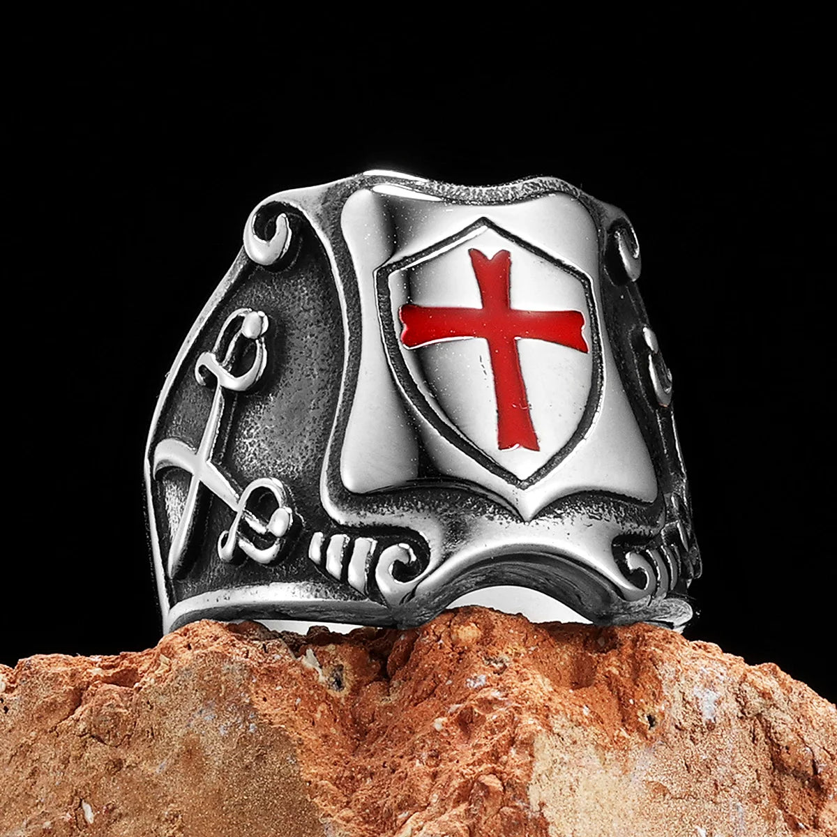 PENDRA Catholic Crusader Cross Steel Ring