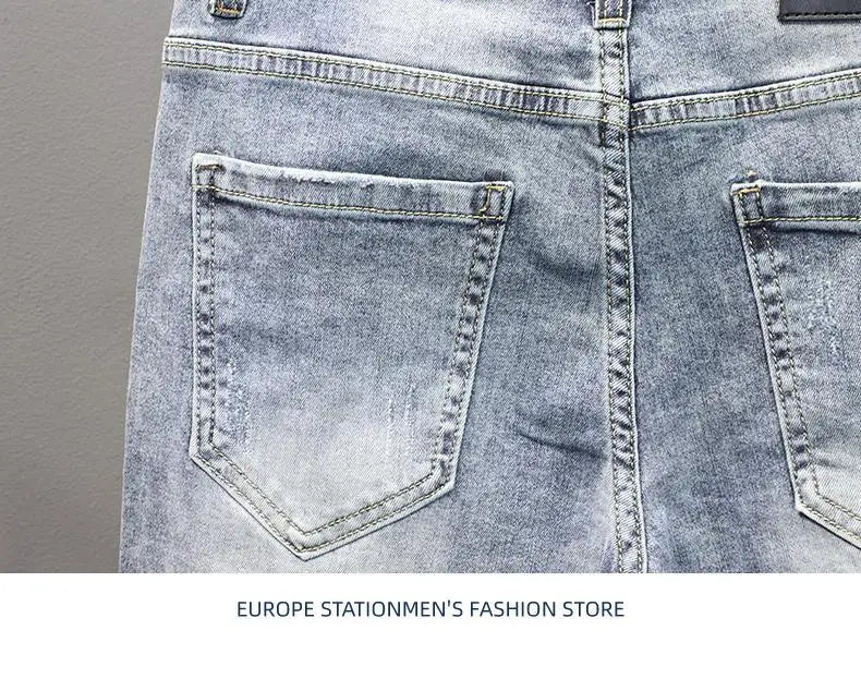 New Kpop Summer Casual Knee Length Men's Jeans Shorts Fashion Embroidered Rabbit Printed Hot Drilled Slim Thin Short Trousers