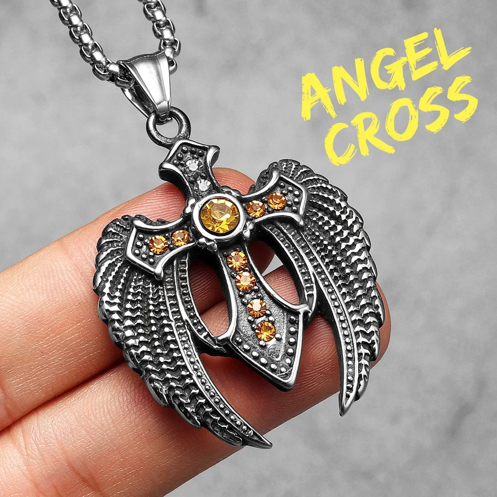 PENDRA Angel Wing Cross Steel Necklace