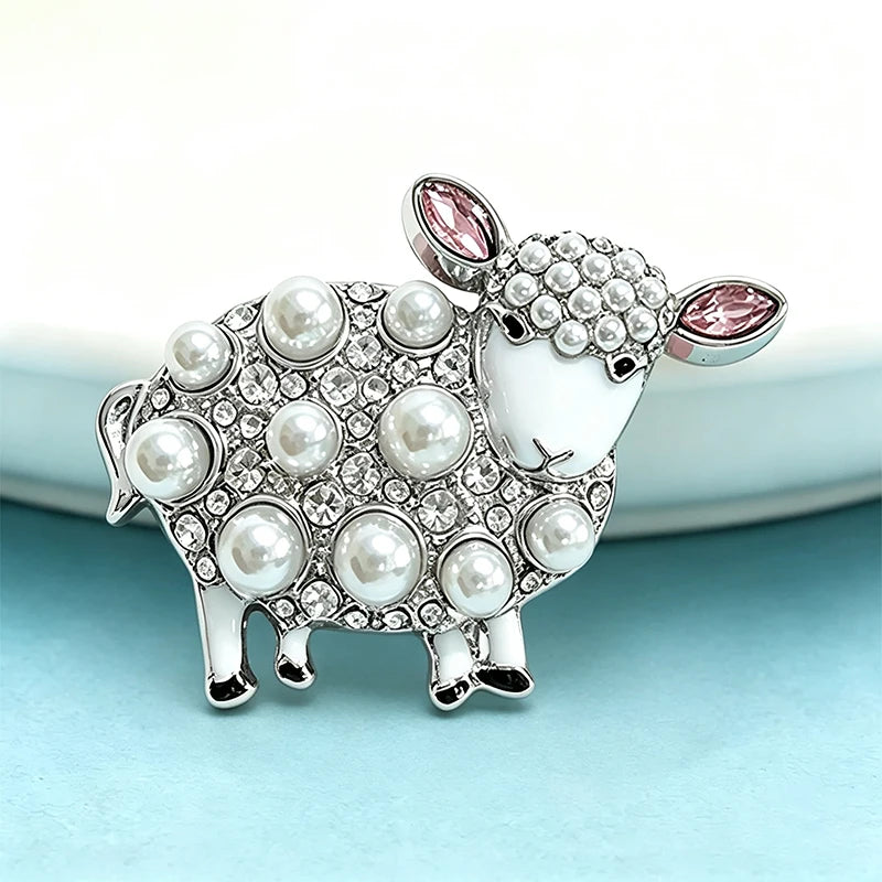 PENDRA Pearl Sheep Rhinestone Brooch