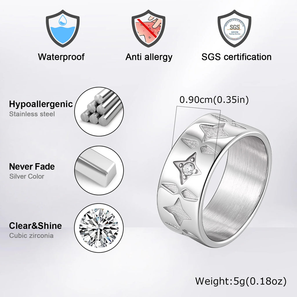 Stainless Steel Wide Band Star Ring for Men,Cubic Zirconia Five Pointed Star Rings,Vintage Punk Unisex Finger Ring Jewelry Gift