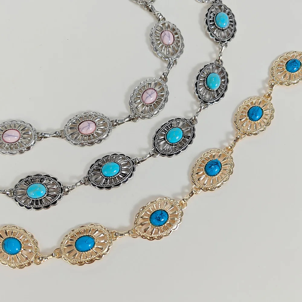 Silver Bohemian Female Metal waist chain Belt luxury Blue Gemstone Ellipse Designer Belts for Women Long Waistband Punk