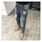 High Quality Stylish Low Rise Men's Designer Clothes New Blue Embroidered Jeans for Men Slim Kpop Style Students Cowboy Pants