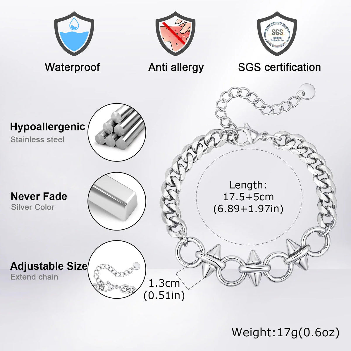 Punk Men's Rivet Chain Bracelet,Never Fade Stainless Steel Adjustable Wristband,Hip Hop Jewelry Gift