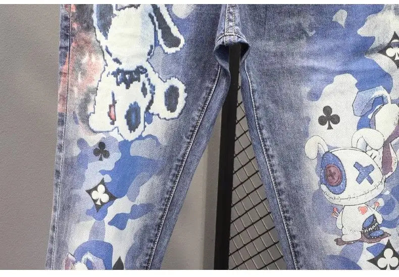 Spring and Autumn 2025 Elastic Slim Small Foot Jeans Men's Korean Trendy Versatile Luxury Clothing Trendy Graffiti Printed Pants