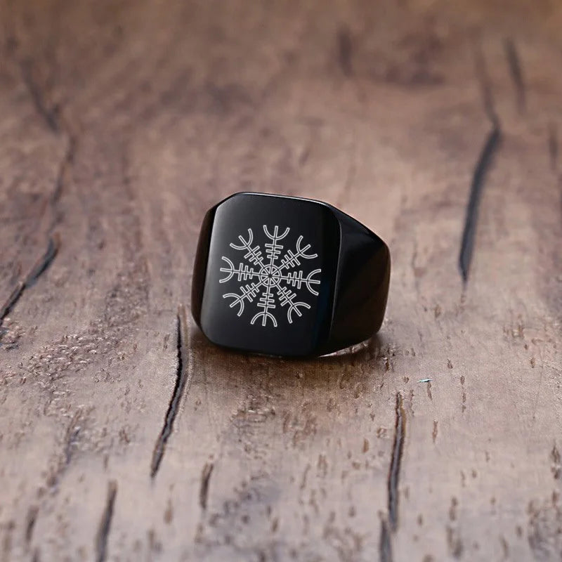 Men Viking Vegvisir Pirate Signet Ring, Free Custom Personalized Stainless Steel Finger Bands Ring for Boys, Amulet Jewelry Gift