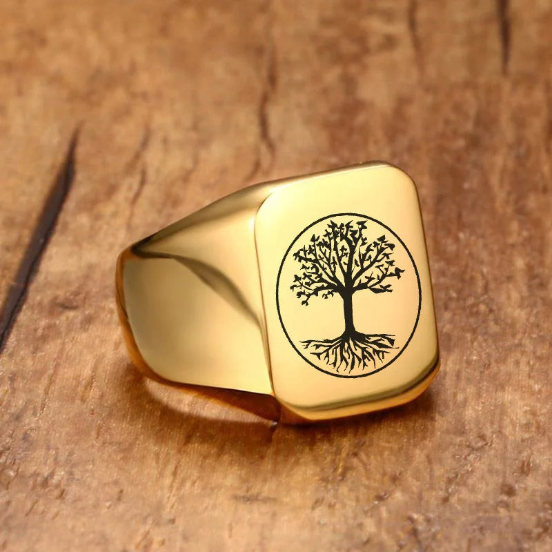 Men Viking Vegvisir Pirate Signet Ring, Free Custom Personalized Stainless Steel Finger Bands Ring for Boys, Amulet Jewelry Gift