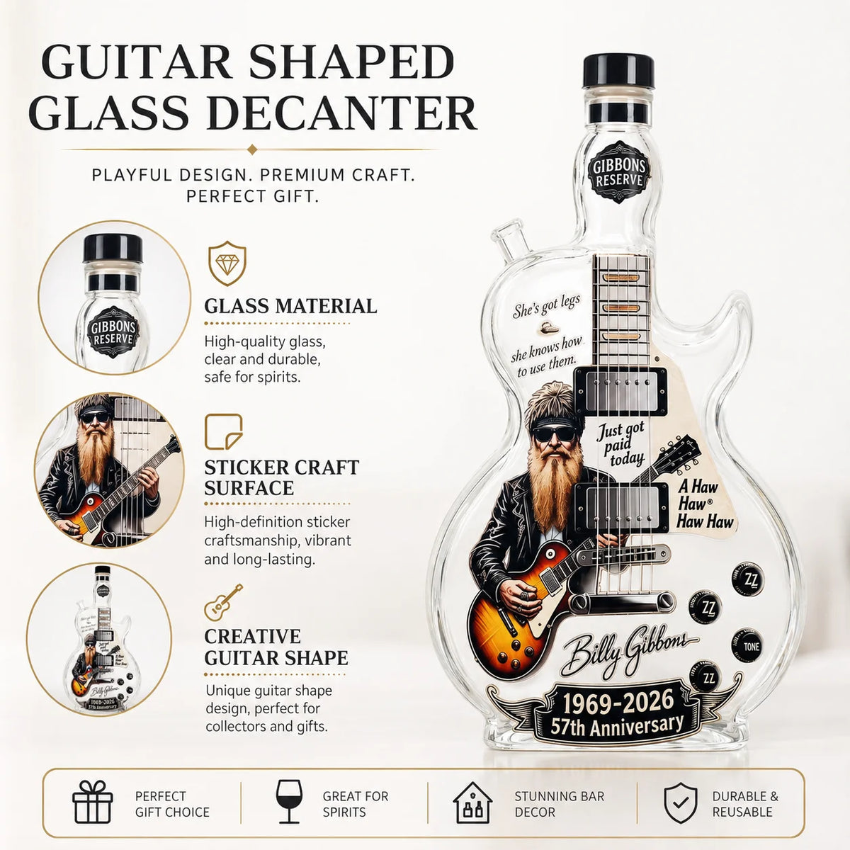 Billy Gibbons Guitar Glass Whiskey Decanter 1969-2026 Anniversary Decorative Liquor Bottle Music Lover Gift