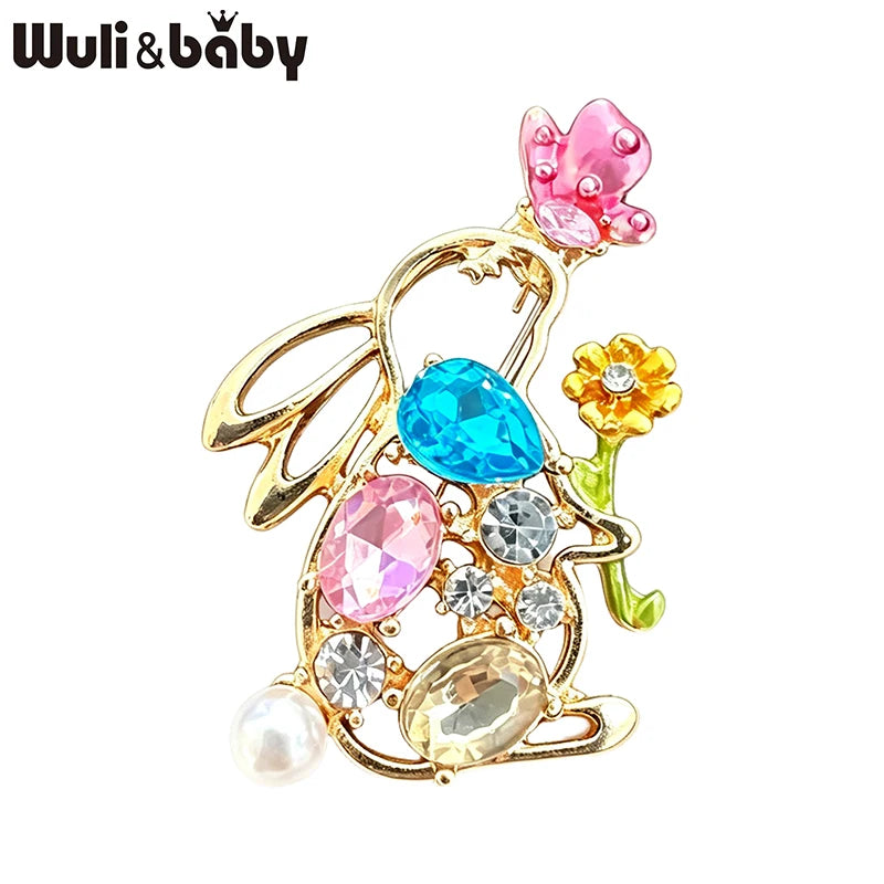 PENDRA Crystal Rabbit Floral Enamel Brooch