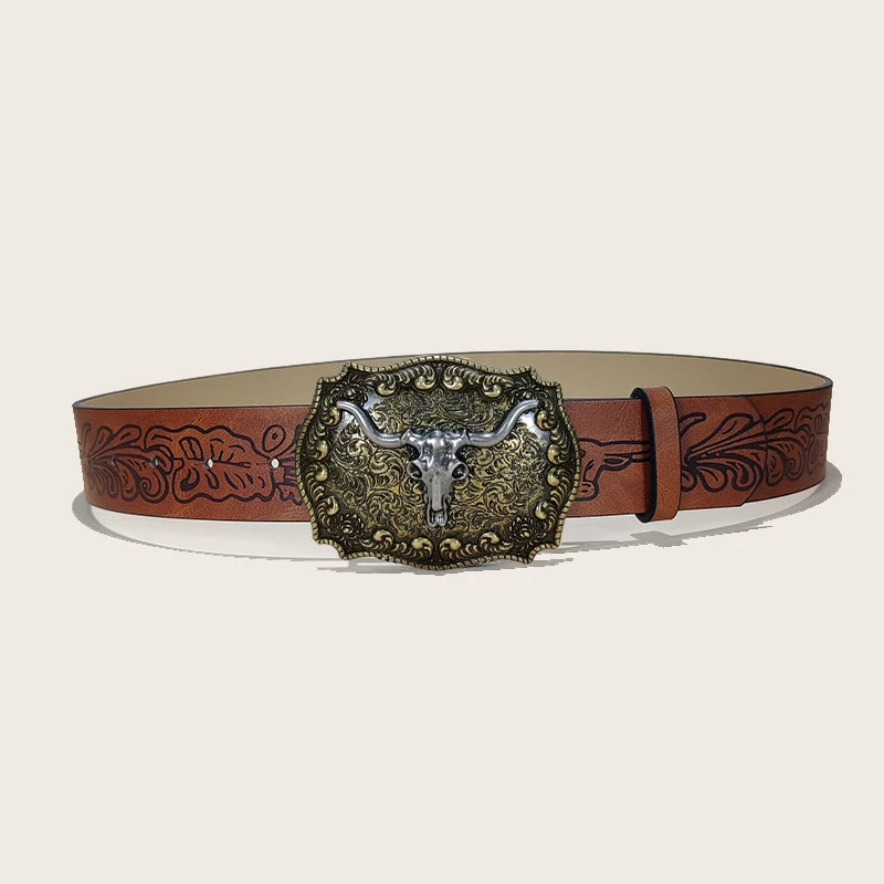 Western Leather Jeans Belts Plus Size Bull Buckle Cowboy Longhorn Bull Pattern Buckle Belt Floral Engraved Buckle Belt for Men